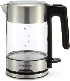 Electric Kettle with Glass Carafe for Tea and Coffee, BPA-Free, Fast Boiling, Auto Shut-Off, 1.1 Quarts, 1500W, Glass and Steel