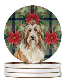 Fawn Bearded Collie Christmas PoinsettIas Large Sandstone Coasters Pack of 4 Absorbent Round Coasters Decor Gifts for Men or Women, 4 in, Multico