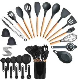 35Pcs Kitchen Cooking Utensils Set Spatula Set Baking Utensil Set Kitchen Accessories Necessities With Holder Egg Whisk Separator Tong Turner Spo (Color: Black)
