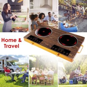 Portable Electric Double Burner 7000W, 110V Countertop Hot Plates with Smooth Heat-Resistant Glass Surface (Easy to Clean), 4 Preset Cooking Mode (Color: wood)